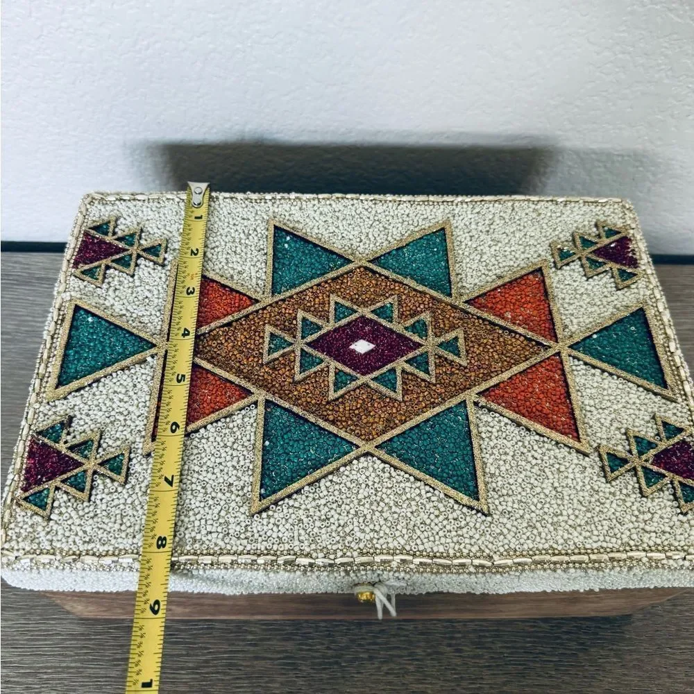 Southwest Western Aztec Tribal Beaded Teal Orange Gold Decor Storage Box